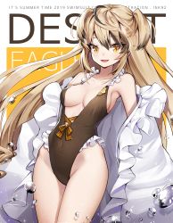 Rule 34 | 1girl, ankkoyom, bad id, bad pixiv id, black one-piece swimsuit, blonde hair, breasts, brown one-piece swimsuit, casual one-piece swimsuit, character name, cleavage, cowboy shot, desert eagle (girls&#039; frontline), frilled robe, girls&#039; frontline, gradient hair, highleg, highleg swimsuit, highres, long hair, looking at viewer, medium breasts, mole, mole under eye, multicolored hair, one-piece swimsuit, robe, slit pupils, smile, solo, swimsuit, two side up, white robe, yellow eyes