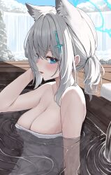 Rule 34 | 1girl, absurdres, animal ear fluff, animal ears, blue archive, blue eyes, blue halo, blush, breasts, cleavage, cross hair ornament, day, extra ears, grey hair, hair between eyes, hair ornament, halo, highres, kurone (kurone ryuo), large breasts, looking at viewer, medium hair, naked towel, onsen, open mouth, partially submerged, shiroko (blue archive), solo, towel, water, white towel, wolf ears