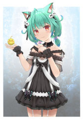 Rule 34 | 1girl, :3, ahoge, animal, animal ear fluff, animal ears, bare shoulders, bird, black dress, blue hair, cat ears, chick, closed mouth, collarbone, colored tips, commentary request, dress, ear piercing, flipper, frilled dress, frills, garter straps, green hair, hands up, highres, hololive, looking at viewer, low twintails, multicolored hair, off-shoulder dress, off shoulder, piercing, red eyes, see-through, see-through sleeves, short sleeves, solo, streaked hair, twintails, uruha rushia, uruha rushia (3rd costume), virtual youtuber, wrist cuffs