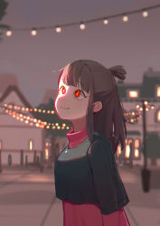 Rule 34 | 1girl, absurdres, blurry, blurry background, bright pupils, brown hair, closed mouth, depth of field, dress, from side, glowing, glowing eyes, grey sky, highres, jewelry, kagari atsuko, lan mao akko, layered sleeves, light bulb, little witch academia, long hair, long sleeves, looking up, necklace, outdoors, pendant, red dress, red eyes, short over long sleeves, short sleeves, sky, smile, solo, standing, string of light bulbs, topknot