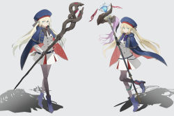 Rule 34 | artoria caster (fate), artoria caster (second ascension) (fate), artoria caster (third ascension) (fate), artoria pendragon (fate), belt, beret, black bow, black gloves, black pantyhose, blonde hair, blue belt, blue cloak, boots, bow, buttons, cloak, closed mouth, collar, collared shirt, crown, dress, fate/grand order, fate (series), full body, gem, gloves, gold, green eyes, green gemstone, hair bow, hat, highres, holding, holding staff, long dress, long hair, looking at viewer, morgan le fay (fate), multicolored cloak, ninjin (ne f g o), ornament, pantyhose, photoshop (medium), pink ribbon, purple bow, purple footwear, red gemstone, ribbon, shadow, shirt, skirt, smile, staff, standing, sword, aesc (fate), twintails, very long hair, weapon, white shirt, white skirt