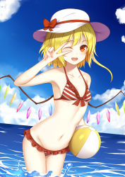 Rule 34 | 1girl, ;d, bad id, bad pixiv id, ball, beachball, bikini, blonde hair, blue sky, cloud, cloudy sky, day, dutch angle, fang, flan (seeyouflan), flandre scarlet, frilled bikini, frills, hat, hat ribbon, highres, looking at viewer, lowleg, lowleg bikini, navel, one eye closed, open mouth, outdoors, red eyes, ribbon, side ponytail, sky, smile, solo, striped bikini, striped clothes, sun hat, swimsuit, touhou, v, v over eye, wading, wings