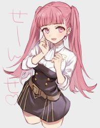 Rule 34 | 1girl, belt, breasts, ascot, dress, female focus, fire emblem, fire emblem: three houses, garreg mach monastery uniform, grey background, highres, hilda valentine goneril, japanese text, large breasts, long hair, matching hair/eyes, nintendo, open mouth, pink eyes, pink hair, short sleeves, simple background, skirt, sleeves rolled up, smile, solo, sotok, strap, thighs, twintails, uniform