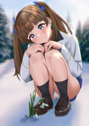 Rule 34 | 1girl, absurdres, blue eyes, blush, brave witches, brown hair, closed mouth, flower, georgette lemare, hair ribbon, highres, kuroniko, long hair, looking at viewer, military, military uniform, outdoors, panties, pantyshot, ribbon, smile, snow, solo, underwear, uniform, white panties, world witches series