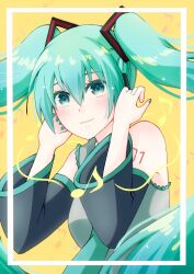 Rule 34 | 1girl, aqua eyes, aqua hair, aqua necktie, arm tattoo, black sleeves, blush, breasts, closed mouth, commentary request, detached sleeves, hair between eyes, hair ornament, hands up, hatsune miku, headset, kureha jhsh, long hair, looking at viewer, musical note, necktie, shirt, sidelocks, sleeveless, sleeveless shirt, small breasts, smile, solo, sparkle, tattoo, twintails, twintails day, upper body, very long hair, vocaloid, wide sleeves, yellow background