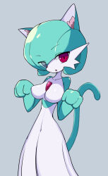 Rule 34 | 1girl, animal ear fluff, animal ears, bob cut, breasts, cat ears, cat girl, cat tail, collarbone, colored skin, creatures (company), eyes visible through hair, female focus, game freak, gardevoir, gdaro, gen 3 pokemon, green hair, green skin, grey background, hair over one eye, hands up, highres, kemonomimi mode, looking at viewer, medium breasts, multicolored skin, navel, nintendo, no nipples, one eye covered, open mouth, paw pose, pokemon, pokemon (creature), red eyes, short hair, simple background, solo, tail, tail raised, two-tone skin, white skin