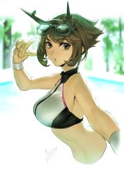 Rule 34 | 10s, 1girl, alternate costume, artist name, azusa (hws), bare arms, bare shoulders, blurry, blurry background, breasts, brown hair, commentary request, eyebrows, from side, glasses, gloves, green eyes, headgear, kantai collection, large breasts, looking at viewer, midriff, mutsu (kancolle), navel, open mouth, short hair, solo, sports bra, sunglasses, sunglasses on head, v, white gloves, wristband