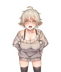 Rule 34 | 1girl, ahoge, black thighhighs, blush, breasts, bright pupils, cleavage, collarbone, elf, female focus, foe (artist), grey hair, grey sweater, hands on own hips, large breasts, leaning forward, looking at viewer, original, pointy ears, short hair, simple background, solo, sweater, teeth, thighhighs, white background, white pupils, yellow eyes