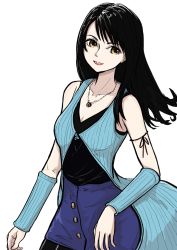 Rule 34 | 1girl, arm warmers, bike shorts, black hair, blue eyes, breasts, brown eyes, brown hair, cleavage, denim, denim skirt, final fantasy, final fantasy viii, highres, jewelry, long hair, looking at viewer, necklace, open mouth, rinoa heartilly, simple background, skirt, sleeveless, sleeveless duster, smile, white background