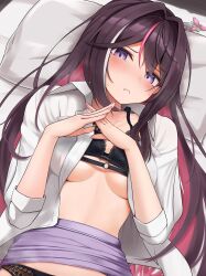 Rule 34 | 1girl, absurdres, azki (4th costume) (hololive), azki (hololive), black bra, black hair, black panties, blush, bra, breasts, closed mouth, clothes lift, collared shirt, colored inner hair, commentary request, embarrassed, hair intakes, hair ornament, hands up, highres, hololive, long hair, long sleeves, lying, medium breasts, micon, midriff, multicolored hair, o-ring, o-ring bra, official alternate costume, official alternate hairstyle, on back, on bed, open clothes, open shirt, panties, pillow, pink hair, purple eyes, purple skirt, shirt, skirt, skirt lift, sleeves rolled up, solo, streaked hair, underboob, underwear, unworn hair ornament, upper body, virtual youtuber, white hair, white shirt, x arms