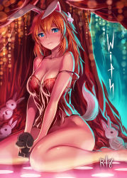 Rule 34 | 1girl, animal ears, bare legs, bare shoulders, barefoot, blue eyes, blush, bottomless, breasts, camisole, charlotte e. yeager, cleavage, feet, female focus, flower, hair flower, hair ornament, highres, kneeling, large breasts, legs, lingerie, long hair, looking at viewer, michairu, night clothes, nightgown, no panties, off shoulder, orange hair, rabbit ears, rabbit girl, rabbit tail, shiny skin, shy, sitting, solo, strap gap, strap slip, strike witches, stuffed animal, stuffed rabbit, stuffed toy, tail, underwear, v arms, world witches series