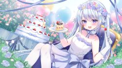 1girl balloon blush cake dress flower food fork fruit gloves hamico highres holding holding_fork looking_at_viewer melofinity open_mouth pantyhose plate purple_eyes sanso_chan smile solo strapless strapless_dress strawberry twintails virtual_youtuber white_gloves