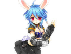 Rule 34 | 10s, 1girl, animal ears, blue hair, breasts, bunny (trickster), fingerless gloves, gloves, medium breasts, nipples, rabbit ears, rabbit tail, recolor, red eyes, skirt, solo, tail, third-party edit, trickster (ntreev soft)