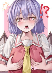 Rule 34 | !?, 1girl, absurdres, border, breast hold, breasts, check commentary, commentary request, cosplay, flandre scarlet, flandre scarlet (cosplay), highres, jacket, mahoro (minase mahoro), medium breasts, necktie, open mouth, pink background, purple hair, red eyes, red jacket, red nails, remilia scarlet, shirt, short hair, small breasts, solo, sweatdrop, touhou, white border, white shirt, yellow necktie