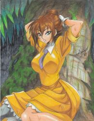 Rule 34 | 1girl, 2021, angry, arms behind head, breasts, brown hair, disney, dress, gloves, green eyes, hair tied, highres, jane porter, jungle, large breasts, moss, nature, necktie, open mouth, ravernclouk design, solo, tarzan, traditional media, tree, wet, wet clothes, white gloves, yellow dress