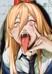 Rule 34 | 1girl, akanbe, black necktie, blonde hair, blood, blood on face, blue jacket, chainsaw man, collared shirt, cross-shaped pupils, eyelid pull, fangs, hair between eyes, highres, horns, jacket, long hair, long tongue, looking at viewer, necktie, off shoulder, power (chainsaw man), red horns, sharp teeth, shirt, solo, spykeee, symbol-shaped pupils, teeth, tongue, tongue out, white shirt, yellow eyes