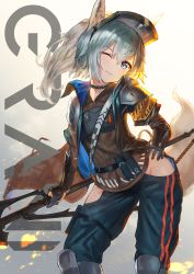 Rule 34 | 1girl, absurdres, animal ears, arknights, armband, blue eyes, character name, collar, commentary, feet out of frame, grani (arknights), grey hair, groin, hand on own hip, head tilt, highres, hip vent, holding, holding polearm, holding spear, holding weapon, horse ears, infection monitor (arknights), leg armor, long hair, long jacket, looking at viewer, one eye closed, polearm, police, police uniform, ponytail, purple eyes, simple background, smile, solo, spear, standing, taku57, uniform, weapon