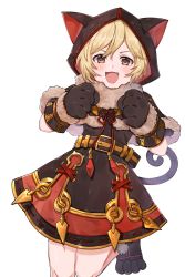 Rule 34 | 1girl, absurdres, animal hood, black dress, blonde hair, blush, brown eyes, capelet, cat hood, cat tail, clenched hands, commentary request, djeeta (granblue fantasy), dress, fang, fur trim, granblue fantasy, gyoju (only arme nim), hair between eyes, highres, hood, leg up, looking at viewer, nekomancer (granblue fantasy), short hair, solo, standing, standing on one leg, tail, v-shaped eyebrows, white background