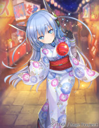 Rule 34 | 1girl, ange vierge, animal ears, black gloves, blue eyes, blue hair, blurry, blurry background, character request, festival, floral print, gloves, japanese clothes, kimono, lantern, market stall, night, night sky, official art, omega 47 toto, outdoors, paper lantern, path, road, shamonor, sky, smile, solo, standing, wide sleeves