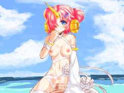Rule 34 | 1girl, absurdres, armlet, bandages, blue eyes, blush, bracelet, breasts, censored, commentary request, detached sleeves, double bun, fate/grand order, fate (series), frankenstein&#039;s monster (fate), frankenstein&#039;s monster (swimsuit saber) (fate), frankenstein&#039;s monster (swimsuit saber) (third ascension) (fate), hair bun, hair ornament, hair over one eye, hairclip, highres, horns, jewelry, kokumaren, looking at viewer, medium breasts, naked bandage, nipples, ocean, penis, pink hair, pov, pussy, sex, short hair, single horn, single sleeve, smile, solo focus, vaginal