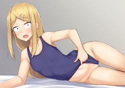 Rule 34 | 10s, 1girl, alfort (may0508), arm support, blonde hair, blush, breasts, clothes pull, dagashi kashi, earrings, endou saya, fang, gluteal fold, hair ornament, hairclip, jewelry, long hair, looking at viewer, lying, on side, one-piece swimsuit, one-piece swimsuit pull, open mouth, school swimsuit, small breasts, solo, swimsuit, thigh gap