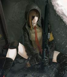 Rule 34 | 1girl, against wall, alcohol, assault rifle, asymmetrical legwear, black eyes, black gloves, black legwear, bottle, brown eyes, brown hair, collared shirt, crack, cracked wall, eyepatch, girls&#039; frontline, gloves, gun, highres, holding, holding bottle, hood, hooded jacket, jack daniel&#039;s, jacket, knee pads, long hair, long sleeves, looking to the side, m16, m16a1, m16a1 (girls&#039; frontline), multicolored hair, necktie, on ground, red necktie, rifle, scar, scar on face, serious, shell casing, shirt, sitting, snow, solo, spread legs, streaked hair, thrall1000, uneven legwear, weapon, whiskey