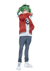 Rule 34 | 1girl, absurdres, bad id, bad pixiv id, blue pants, bossan 3310, commentary, covering own mouth, denim, earrings, eyewear on head, full body, green hair, hand in pocket, hand up, hatsune miku, highres, jacket, jeans, jewelry, medium hair, pants, red jacket, shirt, shoes, sneakers, solo, suna no wakusei (vocaloid), sunglasses, transparent background, twintails, vocaloid, white footwear, white shirt