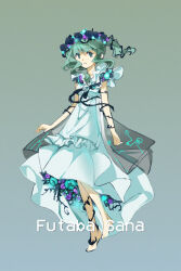 Rule 34 | 1girl, absurdres, alternate costume, aqua eyes, aqua flower, aqua hair, arms at sides, barefoot, black flower, blunt bangs, character name, dress, flower, full body, futaba sana, glowing, grey background, hair vines, head wreath, highres, long dress, looking at viewer, magia record: mahou shoujo madoka magica gaiden, mahou shoujo madoka magica, parted lips, plant, purple flower, second-party source, sidelocks, sleeveless, sleeveless dress, solo, twintails, vines, white dress, white flower, yumiao79