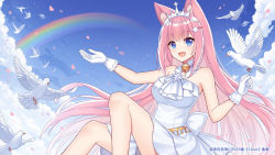 Rule 34 | 1girl, animal, animal ear fluff, animal ears, bare shoulders, bell, bird, blue eyes, blue sky, breasts, cloud, copyright request, day, dress, feet out of frame, gloves, hitsuki rei, jingle bell, large breasts, long hair, neck bell, outdoors, petals, pink hair, rainbow, sky, solo, strapless, strapless dress, tiara, very long hair, virtual youtuber, white dress, white gloves