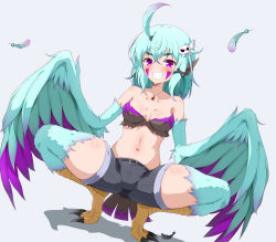 Rule 34 | 1girl, absurdres, animal ears, bare shoulders, belt, bird ears, bird legs, bird tail, blue feathers, blue hair, blue wings, blush, breasts, eggman (pixiv28975023), facial mark, feathers, hair between eyes, hair ornament, harpy, highres, jewelry, long hair, looking at viewer, midriff, monster girl, navel, necklace, original, purple eyes, purple feathers, shadow, shorts, skull hair ornament, small breasts, solo, squatting, tail, talons, thighs, two-tone wings, white background, winged arms, wings