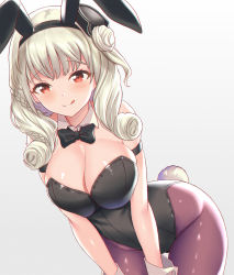 Rule 34 | 1girl, :q, alternate costume, animal ears, azur lane, bare shoulders, black bow, black bowtie, blonde hair, bow, bowtie, breasts, cleavage, curly hair, detached collar, fake animal ears, fake tail, gatchapowa, gradient background, grey background, highres, large breasts, leotard, long hair, looking at viewer, luetzow (azur lane), pantyhose, playboy bunny, rabbit ears, rabbit tail, red eyes, red pantyhose, solo, tail, tongue, tongue out