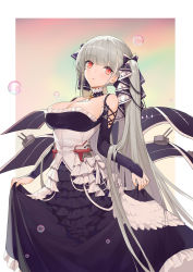 Rule 34 | 1girl, absurdres, azur lane, between breasts, black dress, breasts, bubble, choker, cleavage, closed mouth, clothes lift, dress, dress lift, expressionless, formidable (azur lane), frilled dress, frills, hair ribbon, highres, large breasts, long hair, long sleeves, looking at viewer, mo xiaoxue, nail polish, rainbow, red eyes, ribbon, silver hair, solo, standing, turret, twintails, two-tone dress, very long hair