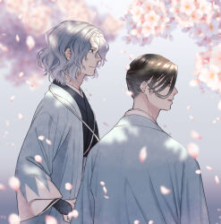 Rule 34 | 2boys, arm guards, black hair, blue hair, blurry, brown eyes, cherry blossoms, depth of field, falling petals, fate/grand order, fate (series), flower, from side, hair over one eye, hair pulled back, haori, highres, japanese clothes, looking ahead, looking to the side, male focus, medium hair, moon-and-calvados, multiple boys, parted lips, petals, profile, purple eyes, saitou hajime (fate), saitou hajime (third ascension) (fate), shinsengumi, short hair, smile, upper body, wavy hair, white flower, yamanami keisuke (fate)