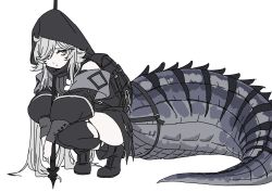Rule 34 | 1girl, arknights, backpack, bag, bare shoulders, black dress, black footwear, black legwear, boots, closed mouth, crocodilian tail, detached sleeves, dress, expressionless, eyebrows hidden by hair, full body, hair over one eye, highres, holding, holding staff, hood, hood up, knee boots, long sleeves, looking at viewer, puffy long sleeves, puffy sleeves, simple background, solo, squatting, staff, sunomono (sunomono7777777), tail, tomimi (arknights), torn clothes, torn legwear, white background