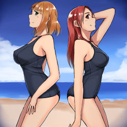 Rule 34 | 2girls, beach, blush, brave witches, breasts, brown hair, day, green eyes, gundula rall, highres, hiroshi (hunter-of-kct), large breasts, minna-dietlinde wilcke, multiple girls, ocean, one-piece swimsuit, red eyes, red hair, school swimsuit, short hair, smile, strike witches, swimsuit, world witches series