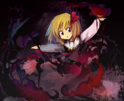 Rule 34 | 1girl, blonde hair, dark, darkness, dress, embodiment of scarlet devil, female focus, hair ribbon, open mouth, outstretched arms, red eyes, ribbon, rumia, short hair, solo, spread arms, touhou, yoshioka yoshiko