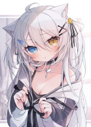 Rule 34 | 1girl, :t, ahoge, animal ear fluff, animal ears, bare shoulders, black camisole, black collar, black ribbon, blue eyes, blush, breasts, brown eyes, camisole, cat ears, cleavage, closed mouth, collar, collarbone, commentary request, grey hair, hair between eyes, hair ornament, hair ribbon, hairclip, heart, heterochromia, highres, jacket, long hair, long sleeves, looking at viewer, medium breasts, original, pout, puffy long sleeves, puffy sleeves, ribbon, ringouulu, sleeves past wrists, solo, twitter username, two side up, upper body, very long hair, white jacket