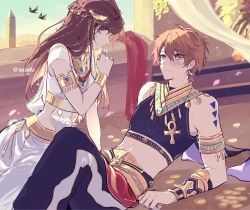 Rule 34 | 1boy, 1girl, armlet, blue sky, blush, brown eyes, brown hair, closed mouth, coin, earrings, egyptian clothes, green eyes, hair ornament, highres, jewelry, long hair, looking at another, luke pearce (tears of themis), lying, mao (expuella), necklace, on back, open mouth, outdoors, rosa (tears of themis), short hair, sky, sleeveless, tattoo, tears of themis, teeth