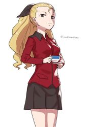 Rule 34 | 10s, 1girl, alternate eye color, assam (girls und panzer), black ribbon, black skirt, blonde hair, brown eyes, closed mouth, commentary, cowboy shot, cup, epaulettes, frown, girls und panzer, glaring, hair ribbon, hamushima, holding, holding cup, holding saucer, jacket, long hair, long sleeves, looking at viewer, military, military uniform, miniskirt, one-hour drawing challenge, pleated skirt, red jacket, ribbon, saucer, simple background, skirt, solo, st. gloriana&#039;s military uniform, standing, teacup, twitter username, uniform, white background