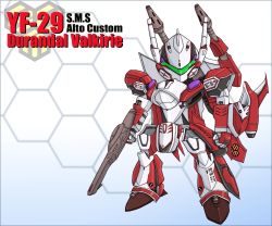 Rule 34 | amaru keiichi, battroid, beam cannon, beam rifle, character name, chibi, commentary request, energy gun, english text, full body, green eyes, hexagon, highres, honeycomb (pattern), honeycomb background, looking at viewer, macross, macross frontier, macross frontier: sayonara no tsubasa, mecha, no humans, robot, solo, standing, variable fighter, weapon, yf-29