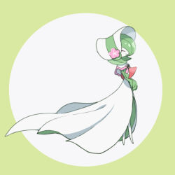 Rule 34 | 1girl, bob cut, bonnet, border, capelet, closed eyes, closed mouth, clothed pokemon, colored skin, creatures (company), female focus, flat chest, flower, from side, full body, game freak, gardevoir, gardevoir (fashionable), gen 3 pokemon, green border, green hair, green skin, happy, hat, hat flower, highres, monya, multicolored skin, nintendo, outside border, own hands together, pink flower, pink trim, pokemon, pokemon (creature), pokemon unite, profile, round image, short hair, simple background, smile, solo, standing, two-tone skin, u u, white background, white capelet, white hat, white skin