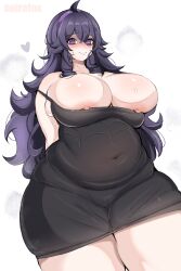 Rule 34 | 1girl, absurdres, ahoge, arms behind back, blush, breasts, cleavage, creatures (company), fat, game freak, hairband, hex maniac (pokemon), highres, huge breasts, large breasts, long hair, navel, nintendo, nipple slip, nipples, noiretox, plump, pokemon, pokemon xy, purple eyes, purple hair, see-through, smile, solo, stomach, thick thighs, thighs, wide hips