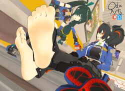 3d barefoot crossed_legs feet foot_focus foreshortening hair_ornament indoors jacket oda_arts phone police police_uniform policewoman ponytail qingyi_(zenless_zone_zero) shoes sitting sitting_on_stairs sneakers soles stairs toes unworn_shoes zenless_zone_zero zhu_yuan