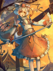Rule 34 | 1girl, animal ears, architecture, bespin, detached sleeves, east asian architecture, hat, inubashiri momiji, katana, midriff, navel, pantyhose, red eyes, short hair, silver hair, solo, sunset, sword, tail, tokin hat, torii, touhou, tree, weapon, wide sleeves, wolf ears, wolf tail