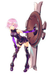Rule 34 | 1girl, armored boots, armored leotard, bent over, black leotard, boots, breasts, breasts apart, elbow gloves, fate/grand order, fate (series), full body, gloves, hair over one eye, hand on own knee, high heel boots, high heels, holding, holding shield, leotard, mash kyrielight, medium breasts, noriccho!, pink eyes, pink hair, purple gloves, shield, shiny skin, short hair, simple background, smile, solo, standing, thigh boots, thighhighs, white background