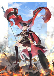 Rule 34 | 1girl, azur lane, bismarck (azur lane), bismarck (coat of arms), black cape, black footwear, black hat, black jacket, black skirt, blonde hair, blue eyes, blue sky, boots, breasts, cape, cleavage, coat of arms, contrail, fire, flag, from side, fur-trimmed boots, fur-trimmed cape, fur trim, gloves, hair between eyes, hat, high heel boots, high heels, holding, holding flag, jacket, knee boots, large breasts, long hair, looking away, military, military uniform, peaked cap, pencil skirt, red cape, skirt, sky, solo, taki tohko, two-tone cape, uniform, very long hair, white gloves