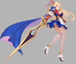 Rule 34 | 1girl, armor, ass, blonde hair, blue cape, blue eyes, blue skirt, bracelet, breasts, cape, fingerless gloves, frown, full body, gloves, grey background, hair intakes, hair ribbon, high heels, highres, holding, holding sword, holding weapon, japanese armor, jewelry, kote, kusazuri, large breasts, lize cai, long hair, looking at viewer, looking back, original, panties, pantyshot, red gloves, red ribbon, ribbon, sash, shoulder armor, simple background, skirt, skirt set, sode, solo, stiletto heels, sword, tassel, two-sided cape, two-sided fabric, underwear, weapon, white footwear, white legwear, white panties
