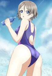 Rule 34 | ass, blue eyes, breasts, brown hair, competition swimsuit, from behind, highleg, highres, looking at viewer, love live!, love live! sunshine!!, one-piece swimsuit, school uniform, short hair, simple background, swimsuit, watanabe you, water, wet, zanpon