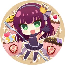 Rule 34 | 1girl, :d, angel beats!, armpits, black dress, black gloves, black thighhighs, blush, breasts, cake, chibi, crown, dress, food, fork, full body, gloves, green eyes, hairband, high heels, holding, holding fork, long hair, medium breasts, mini crown, nakamura hinato, open mouth, outstretched arm, outstretched hand, pleated dress, pumps, purple hair, purple hairband, round image, short dress, sleeveless, sleeveless dress, smile, solo, standing, thighhighs, white background, white footwear, nakamura yuri, zettai ryouiki