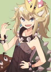 Rule 34 | 1girl, aged down, blonde hair, blue eyes, blush, bowsette, bracelet, collar, collarbone, commentary request, earrings, eyelashes, fingernails, goomba, green background, hair between eyes, hand on own hip, horns, jewelry, looking at viewer, mario (series), nail polish, new super mario bros. u deluxe, nintendo, open mouth, ponytail, sharp fingernails, sharp teeth, simple background, spiked bracelet, spiked collar, spiked shell, spikes, super star (mario), super crown, teeth, ushiki yoshitaka, v-shaped eyebrows